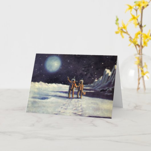 ヴィンテージSF月の宇宙飛行士エイリアン カード (黄色い花)