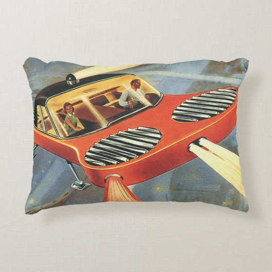 ヴィンテージSF未来型飛んでいる車 アクセントクッション (正面)