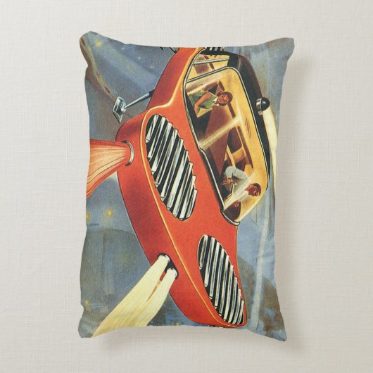 ヴィンテージSF未来型飛んでいる車 アクセントクッション (裏面(縦))