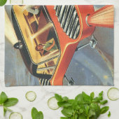 ヴィンテージSF未来型飛んでいる車 キッチンタオル (折り畳み)