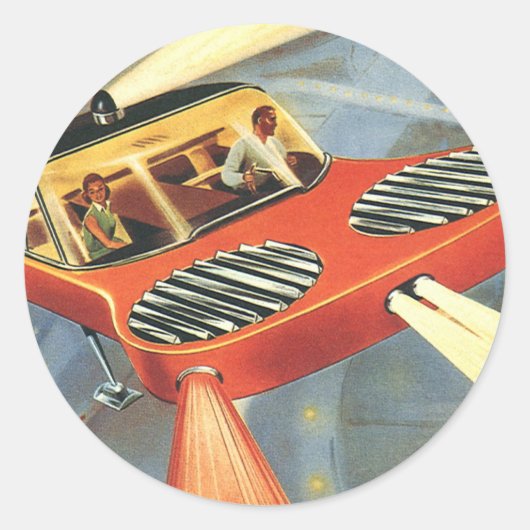 ヴィンテージSF未来型飛んでいる車 ラウンドシール (正面)