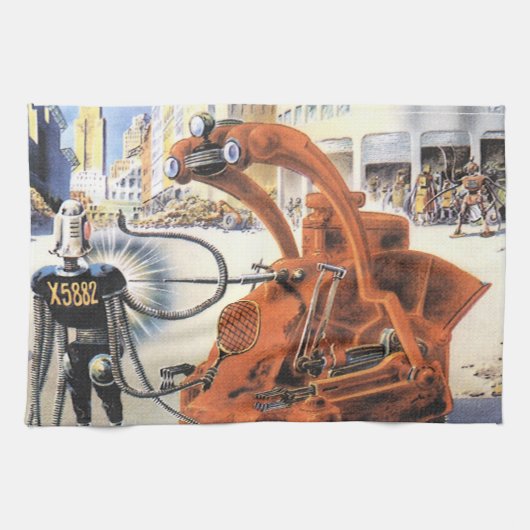 ヴィンテージSF未来都市エイリアン戦争 キッチンタオル (横)