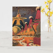 ヴィンテージSF未来都市飛んでいる車 カード (黄色い花)