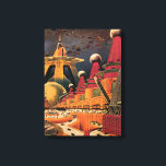 ヴィンテージSF未来都市飛んでいる車 キャンバスプリント<br><div class="desc">ヴィンテージイラストレーション旅行と交通SF画像クラシック漫画本レトロsci fi都市設定と未来の都市。建築建物はコーン状で、車は鳥のように空飛んでいるに浮かび、人の群れが都会を移動している。</div>