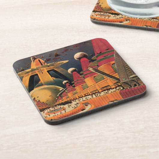 ヴィンテージSF未来都市飛んでいる車 コースター (左側)