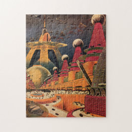 ヴィンテージSF未来都市飛んでいる車 ジグソーパズル