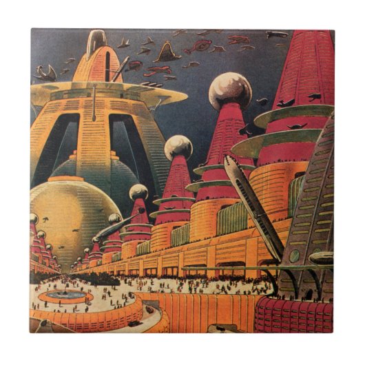 ヴィンテージSF未来都市飛んでいる車 タイル (正面)