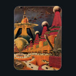 ヴィンテージSF未来都市飛んでいる車 マグネット<br><div class="desc">ヴィンテージイラストレーション旅行と交通SF画像クラシック漫画本レトロsci fi都市設定と未来の都市。建築建物はコーン状で、車は鳥のように空飛んでいるに浮かび、人の群れが都会を移動している。</div>