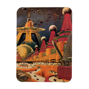 ヴィンテージSF未来都市飛んでいる車 マグネット