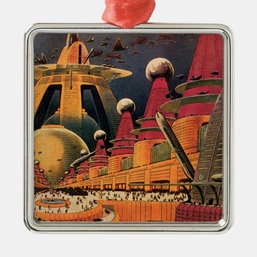 ヴィンテージSF未来都市飛んでいる車 メタルオーナメント (正面)