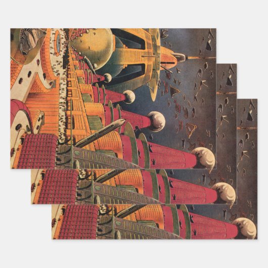 ヴィンテージSF未来都市飛んでいる車 ラッピングペーパーシート (セット)