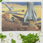 ヴィンテージSF砂漠のロケット惑星 キッチンタオル (折り畳み)