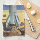 ヴィンテージSF砂漠のロケット惑星 キッチンタオル (四つ折り)