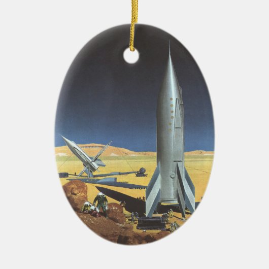 ヴィンテージSF砂漠のロケット惑星 セラミックオーナメント (正面)