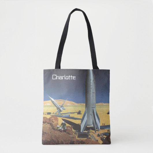 ヴィンテージSF砂漠惑星とロケット トートバッグ (正面)