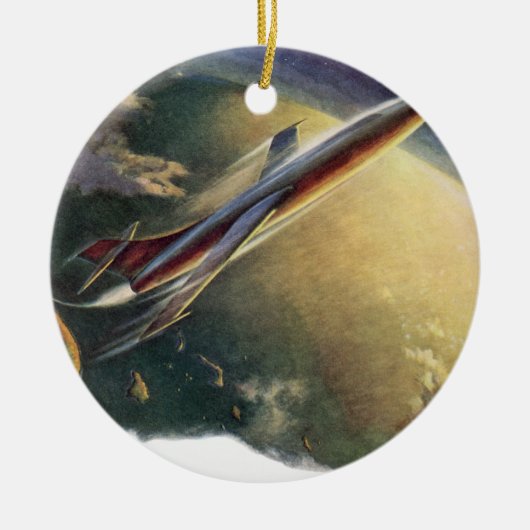 ヴィンテージSF飛行機地球 セラミックオーナメント (正面)