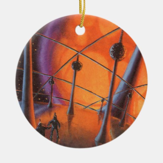 ヴィンテージSF、オレンジサンとエイリアン セラミックオーナメント (正面)