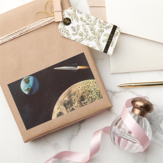 ヴィンテージSF、月の上のロケット船 長方形シール (ギフト)