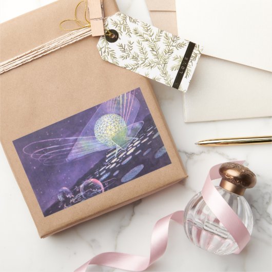 ヴィンテージSF、Orbと白熱［赤熱］光を放つエイリアン 長方形シール (ギフト)