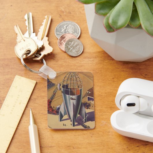 ヴィンテージSF, SF,ロケット建物 キーホルダー (デスク)