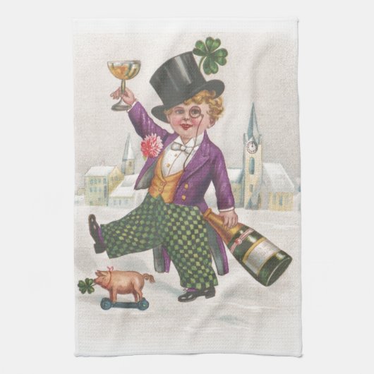 ヴィンテージSt patricks dayシャムロックシャンパーニュ キッチンタオル (縦)