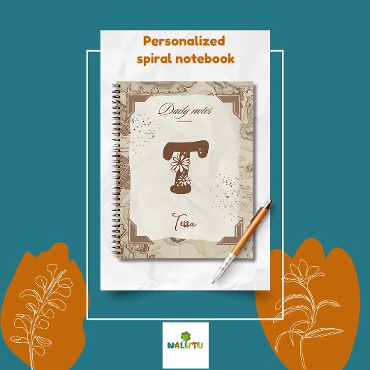 ヴィンテージTパーソナライズされた付きイニシャルマップ ノートブック