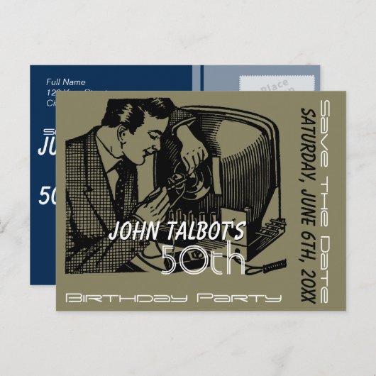 ヴィンテージTVレコーダー50誕生日日付の保存 案内ポストカード (正面/裏面)