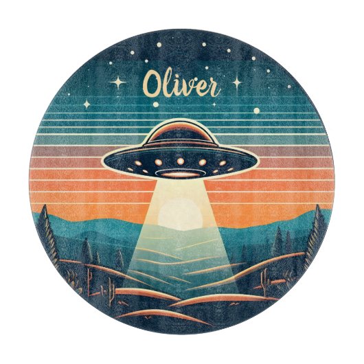ヴィンテージUFOアットサンセットパーソナライズされた カッティングボード (正面)