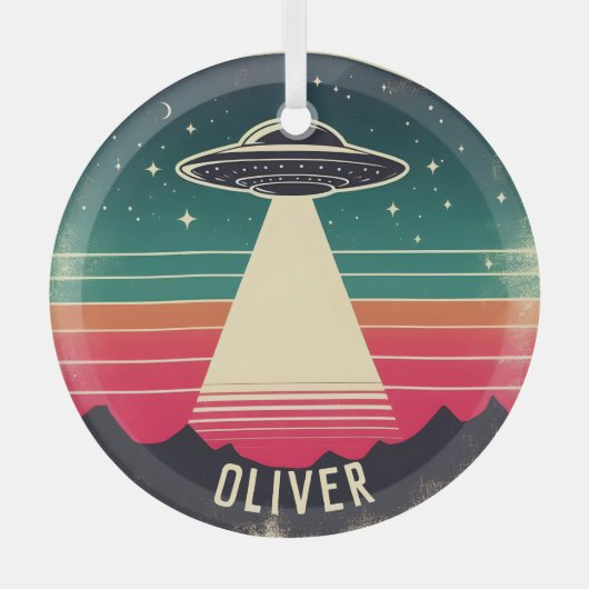 ヴィンテージUFOアットサンセットパーソナライズされた ガラスオーナメント (正面)