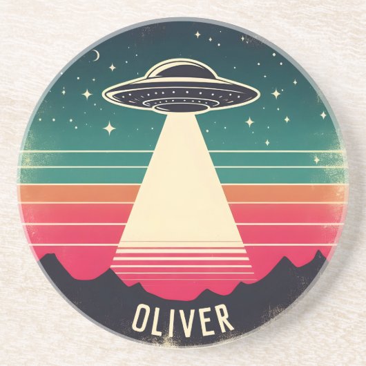 ヴィンテージUFOアットサンセットパーソナライズされた コースター (正面)