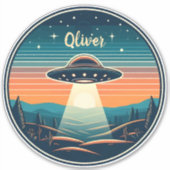 ヴィンテージUFOアットサンセットパーソナライズされた シール (正面)