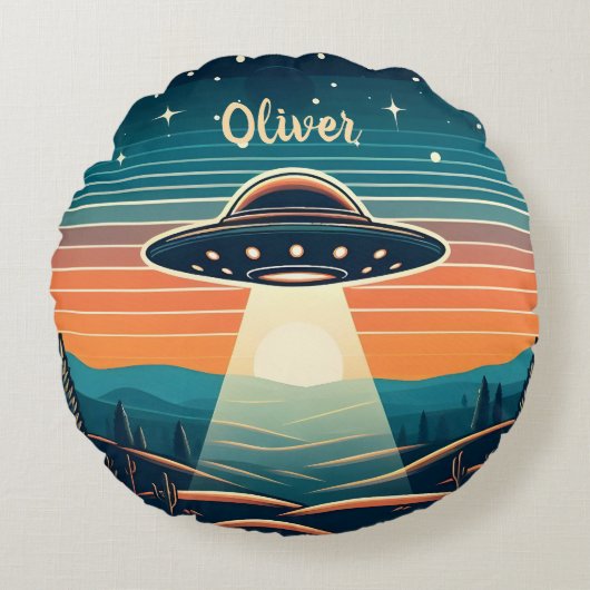 ヴィンテージUFOアットサンセットパーソナライズされた ラウンドクッション (正面)