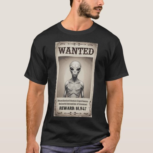 ヴィンテージUFO指名手配ポスター - エイリアン犯罪者 - ロズウェル Tシャツ (正面)