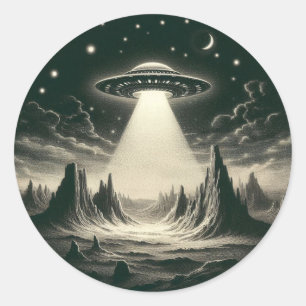 ヴィンテージUFO Over Mountainソーサー飛んでいるエイリアン ラウンドシール