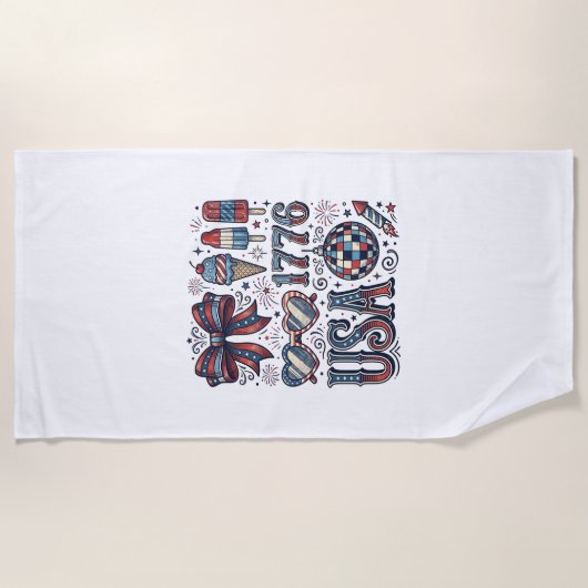 ヴィンテージUSA 1776 愛国的な夏のTシャツデザイン 1 ビーチタオル (正面)