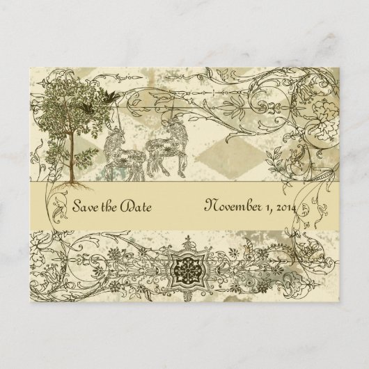 ヴィンテージVerdigris Unicorn日付を保存 案内ポストカード (正面)