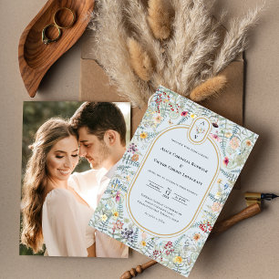 ヴィンテージWildflower Blue結婚のモノグラム写真 招待状