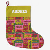 ヴィンテージWord Collage 1970sスタイル パーソナライズされた ラージクリスマスストッキング (正面)