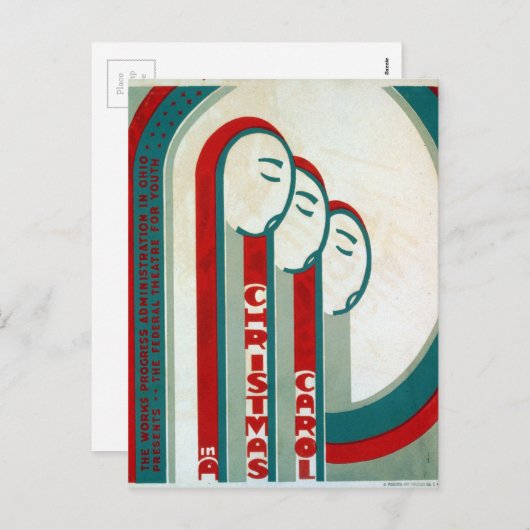 ヴィンテージWPA連邦劇場Aクリスマスカロル シーズンポストカード (正面/裏面)