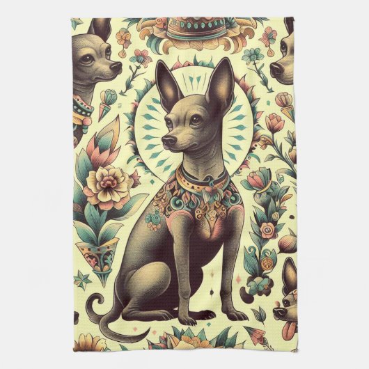 ヴィンテージXoloitzcuintleシームレス キッチンタオル (縦)