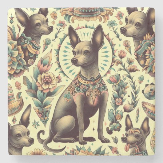 ヴィンテージXoloitzcuintleシームレス ストーンコースター (正面)