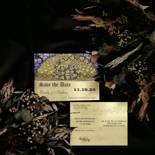 ヴィンヤードアールヌーボー孔雀の鳥が日付を保存 案内ポストカード