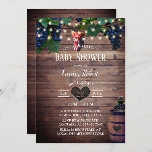 ヴィン素朴ヤード秋のワインテイスティングベビーシャワー 招待状 (正面/裏面)