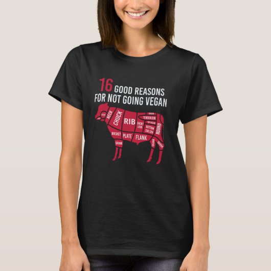 ヴィーガンにならない16の良い理由 楽しいBBQ肉 Tシャツ (正面)