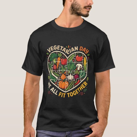ヴィーガンの日+私たちはみんなうまくやっていける+野菜のパズル Tシャツ (正面)