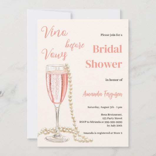 ヴィーノビウズピンククリームブライダルシャワー 招待状 (正面)