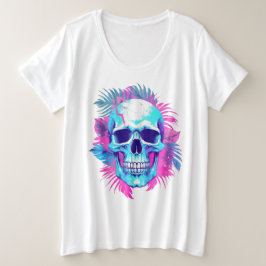 ヴェイパーウェーブ風フラワースカル プラスサイズTシャツ