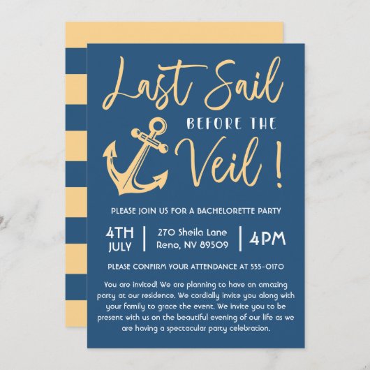 ヴェイルの前に出航しよう! 海の上の独身最後のパーティー 招待状 (正面/裏面)