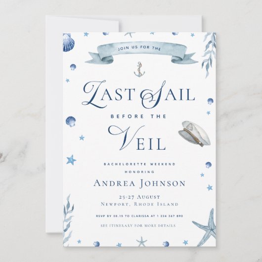ヴェイルの前の最後の航海 ネイビーブルーのバチェロレッテ 招待状 (正面)