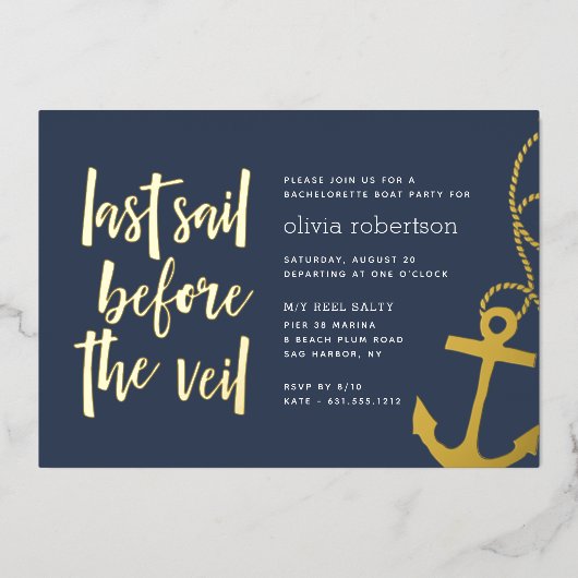 ヴェイルボート前の最終セイルバチェロレッテ 箔招待状 (正面)
